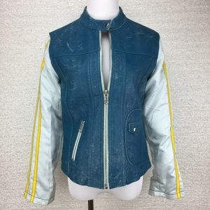 Greenhouse trendy blue leather bomber jacket. Sz38